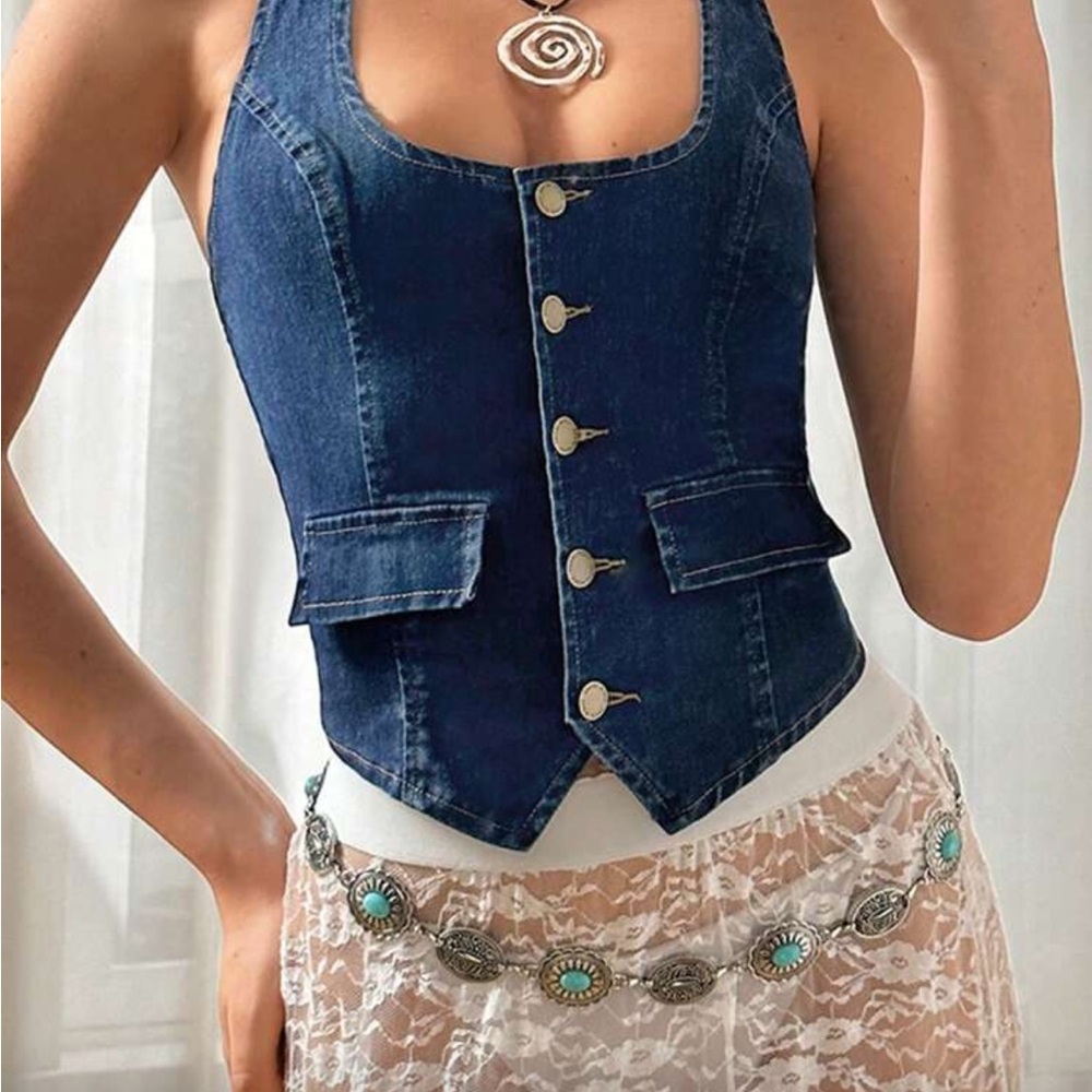 Denim Halter Top Button Up Front